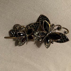Vintage Rhinestone & Brass Butterfly Hair Barrette Aligator Clip